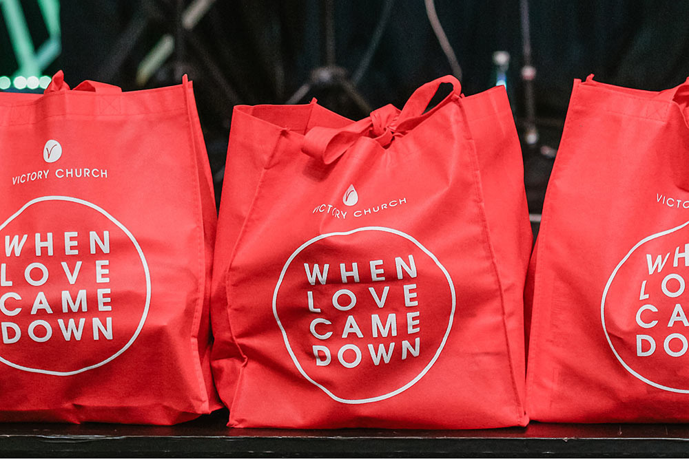 When Love Came Down Printed on Red Canvas Bags