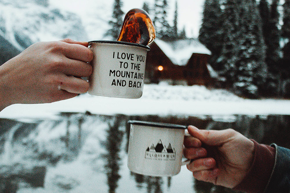 Printed Mugs with Snow Covered Cabin at Lake